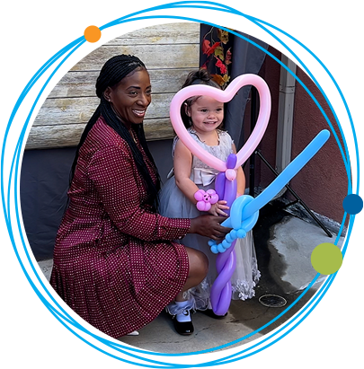 graphic of woman and child holding balloons