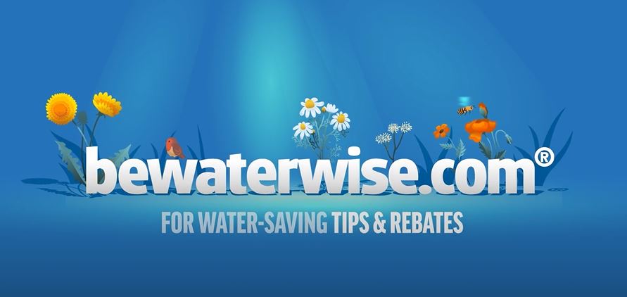 BeWaterWise.com logo surrounded by flowers and text that says "For Water-Saving Tips & Rebates"