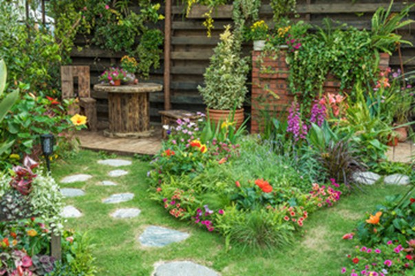 Backyard garden with blooming flowers among green grass.