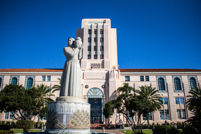 County of San Diego Administrative building and statue