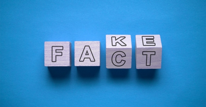 Wooden blocks spell the words fact and fake