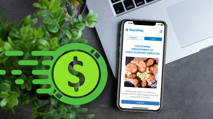 An image of a green dollar sign on top of a an image of a laptop with an cell phone displaying the homepage for a Child Support Touchpay Application