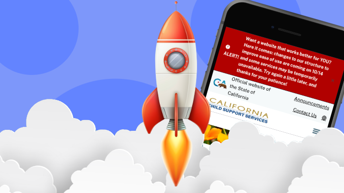 A space ship launches in front of a mobile device with CA Child Support Website