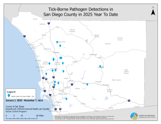 A map showing the locations where ticks have been found carrying tick borne illnesses. This information is also listed in the table below. 