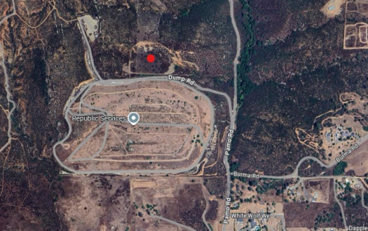 Map showing the location of the Ramona Burn Dump in Ramona, California, near rural roads and surrounding open space.