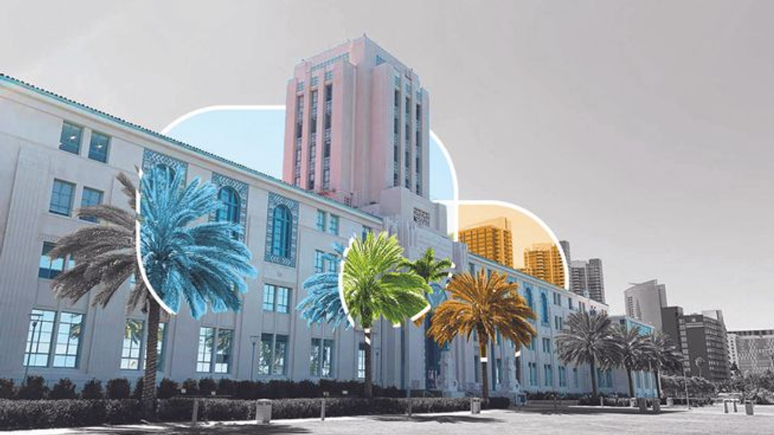 The county admiration center building outside view with the tower against the sky and palm trees in front