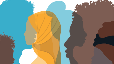 A drawing of profiles of several people of different ethnicities in different colors