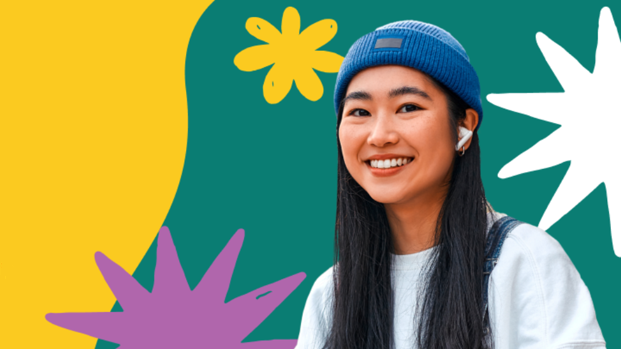 Teen girl with earbud smiling against a colorful background