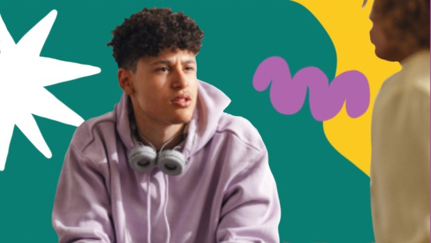 Teen boy wearing talking to a friend