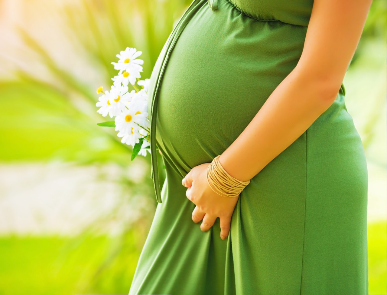 Closeup on tummy of pregnant woman, wearing long green dress, holding in hands bouquet of daisy flowers outdoors, new life concept