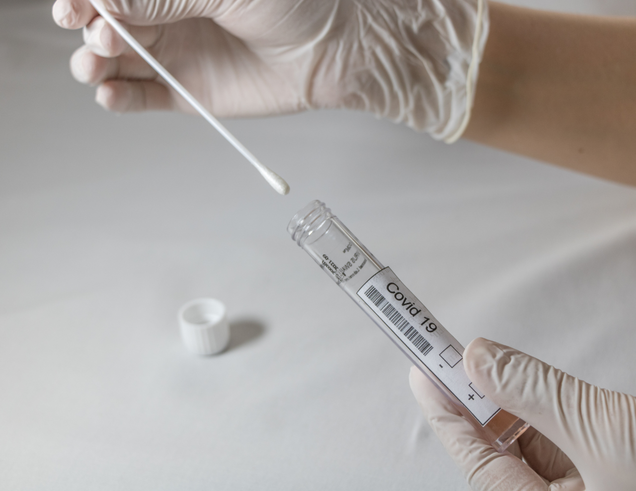 Gloved hands holding test tube and swab