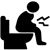 A black icon of someone sitting on the toilet who is experiencing diarrhea.