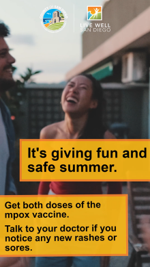 Mpox Reel People are outside dancing and laughing. On screen text reads ‘Get both doses of the mpox vaccine and talk to your doctor if you have any new rashes or sores.'