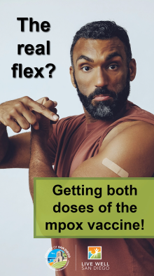 Mpox Reel A person flexes their arm with a small bandaid on the shoulder after getting vaccinated. On screen text reads ‘The real flex is getting both doses of the mpox vaccine'