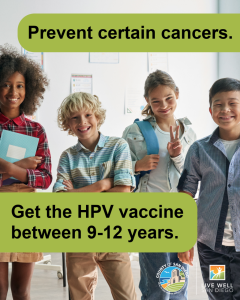 AIAW_2026_Final_2 Four teens smiling and posing with text that says "Prevent certain cancers. Get the HPV vaccine between 9-12 years."