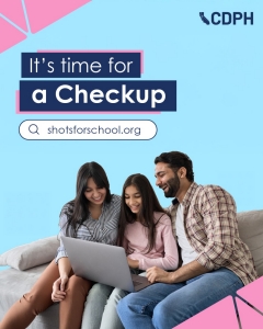 DWV A family (mother, daughter, and father) sitting together on a couch looking at a laptop with text that says “it’s time for a checkup.”