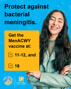 AIAW_2026_Final_5 Photo of happy female teen with text that lists vaccine schedule for bacterial meningitis at 11-12 years, and 16 years.