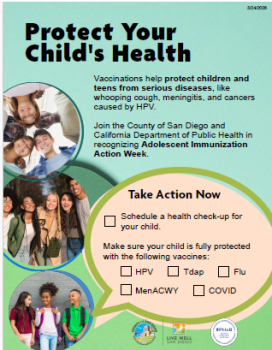 Protect Your Child's Health Infographic of actions to take to protect your child's health and recognize adolescent immunization action week.