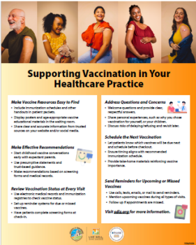 Supporting Vaccination In Your Healthcare Practice Provider infographic on steps to support and encourage vaccinations.