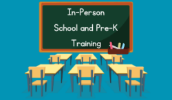  A classroom with desks and a chalkboard with text: In-Person School and Pre-K Training.