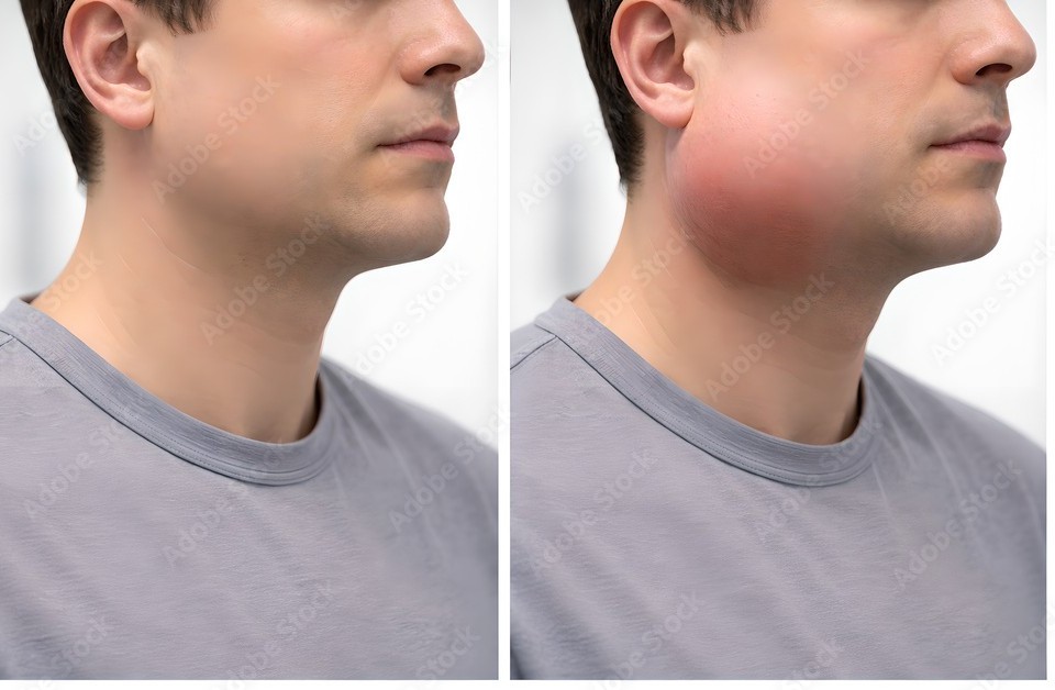 A person with a puffy cheek from being infected with mumps.