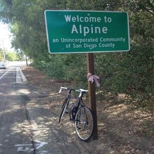 A roadside sign reading 'Welcome to Alpine', with a bicycle propped against the signpost.
