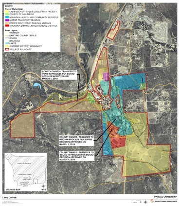 Map showing Camp Lockett Master Plan area and five designated zones in Campo, San Diego County