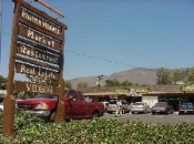 Plaza directory sign listing multiple businesses, with a parking lot in front and storefronts visible in its background