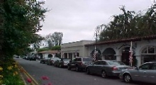 A street with trees, several parked cars and one story buildings