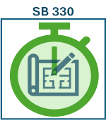 SB 330 Icon Green timer with blue plans and a blue pencil inside. Text at the top of the image reads "SB 330"