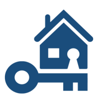 Housing Unlocked Logo Image Blue house with a keyhole as the door with a key underneath