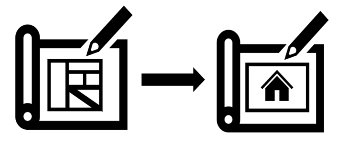 Map of plans with a pencil in the upper right hand corner and multiple shapes within one square on the map, an arrow pointing to the right, and a map with a pencil in the upper right hand corner with one square with a house in the middle on the map