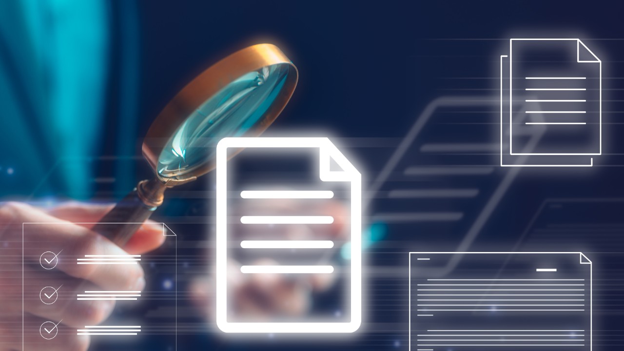 businessman hand holding magnifying glass looking at virtual document icons in concept of DMS and document audit, Auditor Doing Tax Fraud Investigation Using Magnifying Glass 